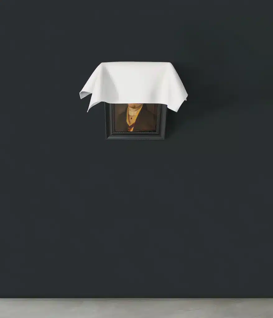 “SENZA TITOLO” 2013 – Termoformatura in polistirene, legno, smalto, olio su tela (ritratti originali 1850) /polystyrene thermoforming, wood, enamel, oil on canvas (original portrait 1850) – cm 80 x 100 x 50