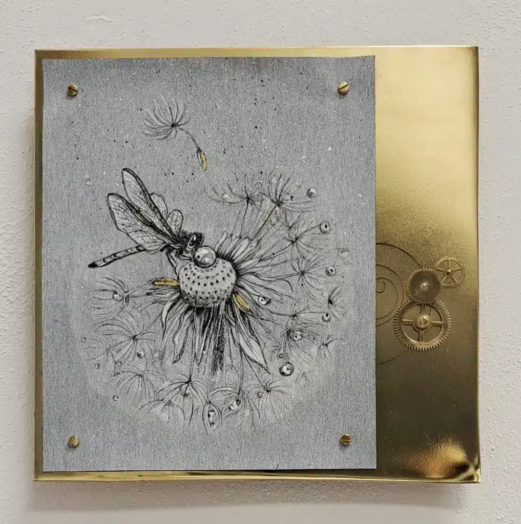 “Herbarium. Soffione” 2023 – watercolour with honey, tempera, ink, 24K gold leaf, clock movement, brass, chinese paper cloth for calligraphy / acquerello al miele, tempera, china, foglia ora 24K, panno carta cinese per calligrafia – cm 21,5 x 22 x 2,5“Siccità #oro” 2021, Inkjet fine art, Epson Cold Press Natural and Gold 24 Kt / Inkjet fine art, Epson Cold Press Natural e oro zecchino 24 kt – cm 49 x 44,5