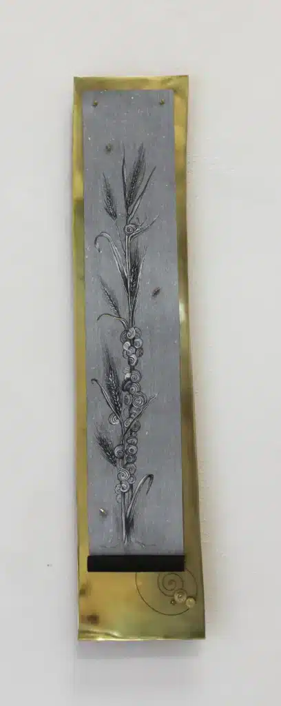 “Herbarium. Grano” 2023 – watercolour with honey, tempera, ink, 24K gold leaf, brass, clock movement, chinese paper cloth for calligraphy