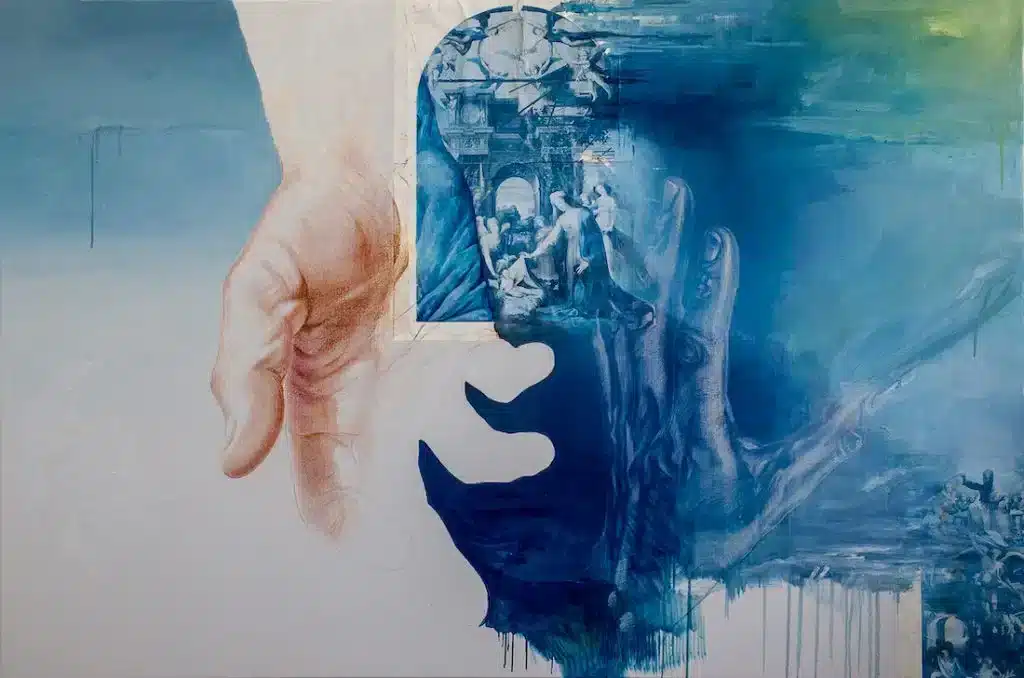 “Dialogo in azzurro” 2019 – mixed media on canvas /tecnica mista su tela – cm 100 x 150