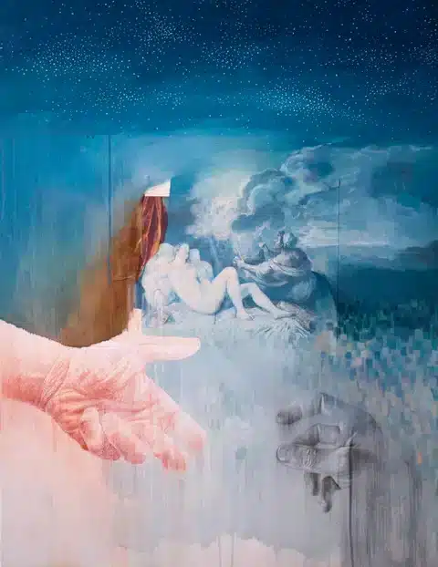 Cadono le stelle, 2022,tecnica mista su tela _ mixed media on canvas- cm 90×70