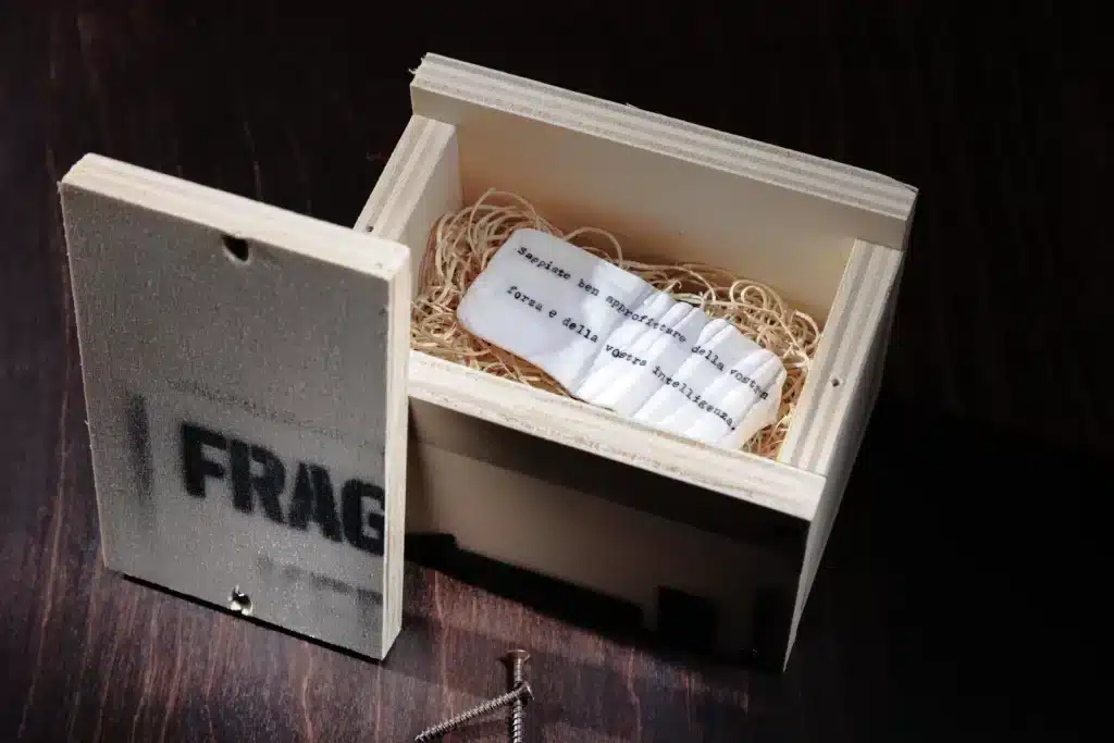 “In Marmo veritas” 2025, Calacatta marble, ink and wood / marmo Calacatta, china nera e legno – cm. 11.5 x 16 x 11.5