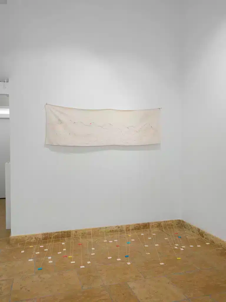 ” Apachetas”, 2023, lana vergine, cotone e misterios / virgin wool, cotton and misterios – (l’arazzo / tapestry cm 54×170) installazione: dimensioni variabili / installation : variable dimensions