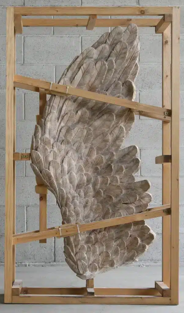 “Cage n. 1 (Ala Nike di Samotracia)” 2017, Jesmonite, wood and metallic oxides / Jesmonite, legno e ossidi di metallo – cm 155 x 100 x 35