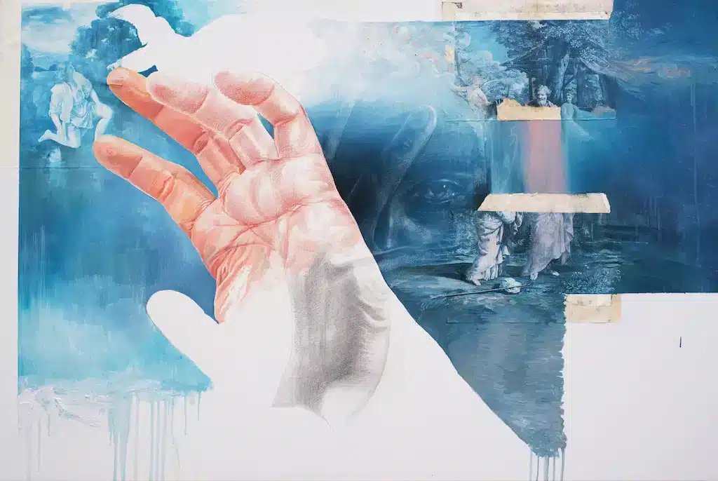 “L’angelo di Tobia” 2020, Mixed media on canvas / Tecnica mista su tela – cm 100 x 150