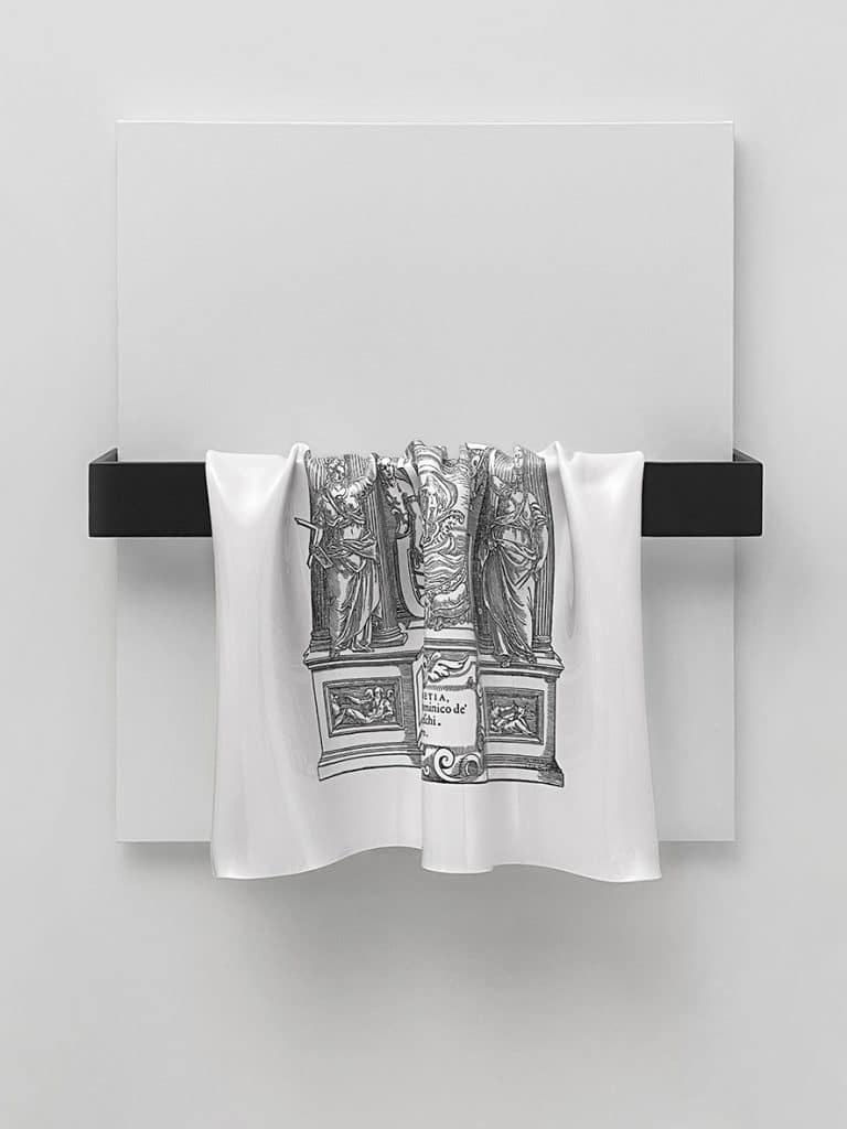 “Senza titolo” 2023 (Quatto libri dell’Architettura di Andrea Palladio) Termoformatura in polistirene, inchiostro, legno, smalto e tela Cm. 70 x 60 x 23