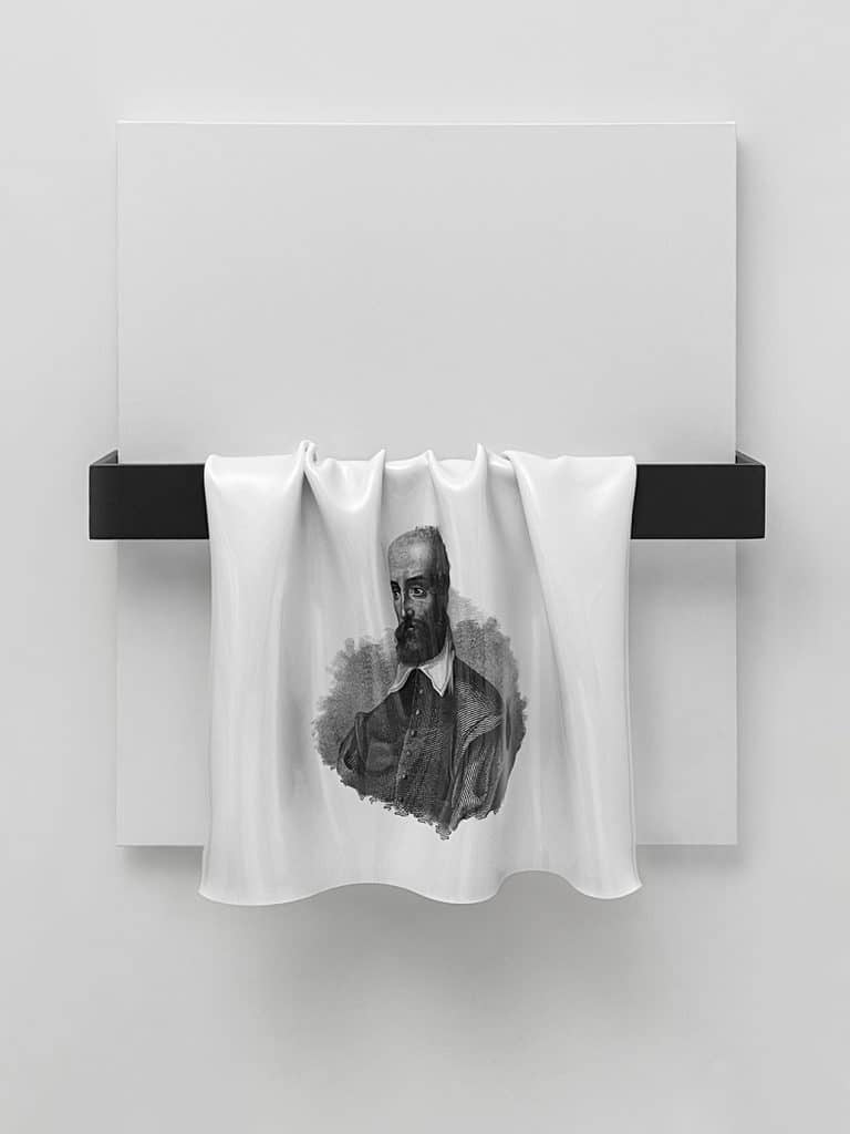 “Untitled” 2023 ( Portrait of Andrea Palladio - John Ward Dunsmore) Polystyrene thermoforming, wood, enamel and canvas Cm. 70 x 60 x 23