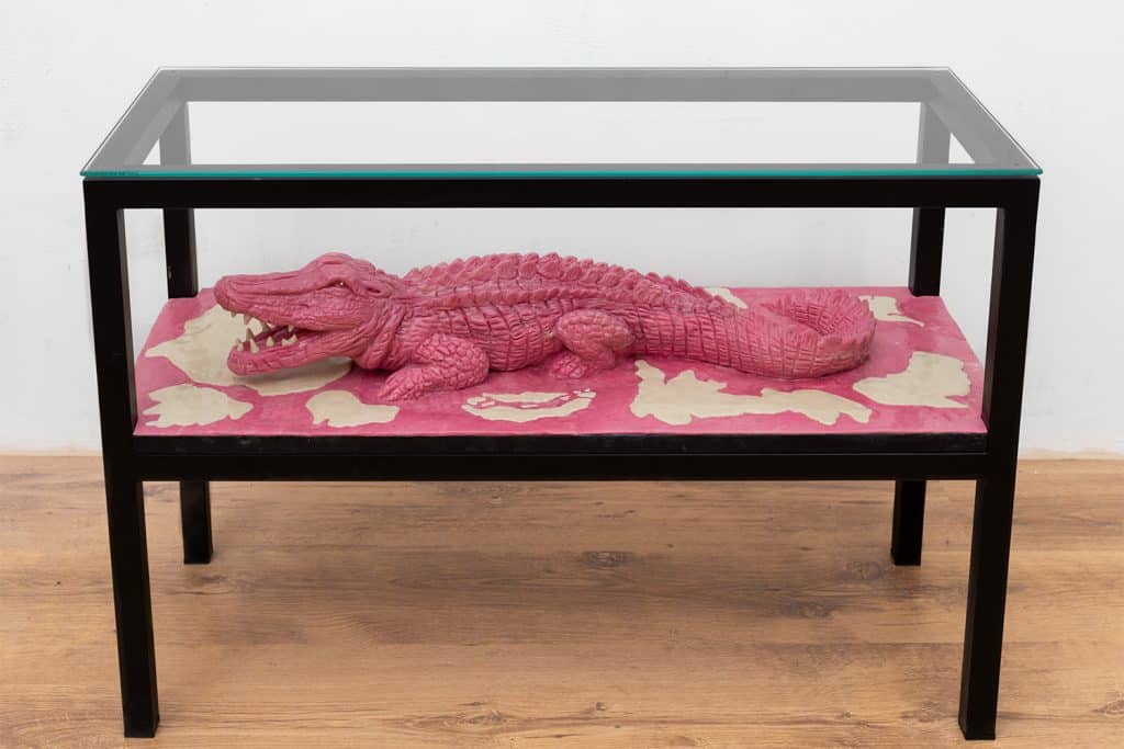 “Coccodrillo” 2024, chewing-gum, fiberglass, iron and glass - cm. 60 x 86 x 50