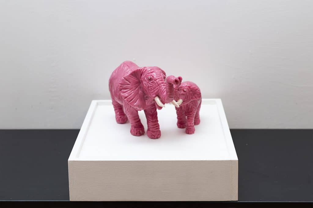 “Elefanti” 2025, chewing-gum, fiberglass and wood - cm. 20 x 45 x 30