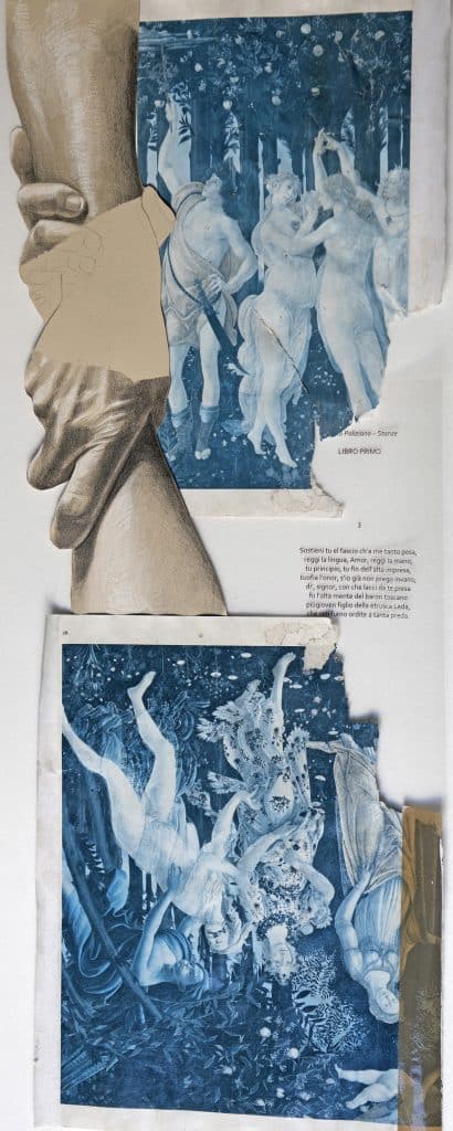 “La Primavera” 2017, matita, pastello bianco, acetato, due pagine del libro esposte alle intemperie per tre mesi - cm. 68 x 27