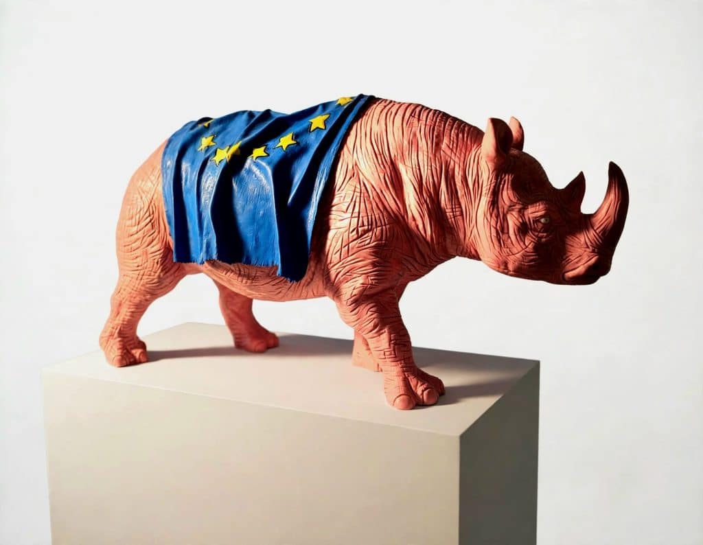 “Rinoceronte” 2026, fiberglass, wood, chewing- gum - cm. 58 x 28 x 37